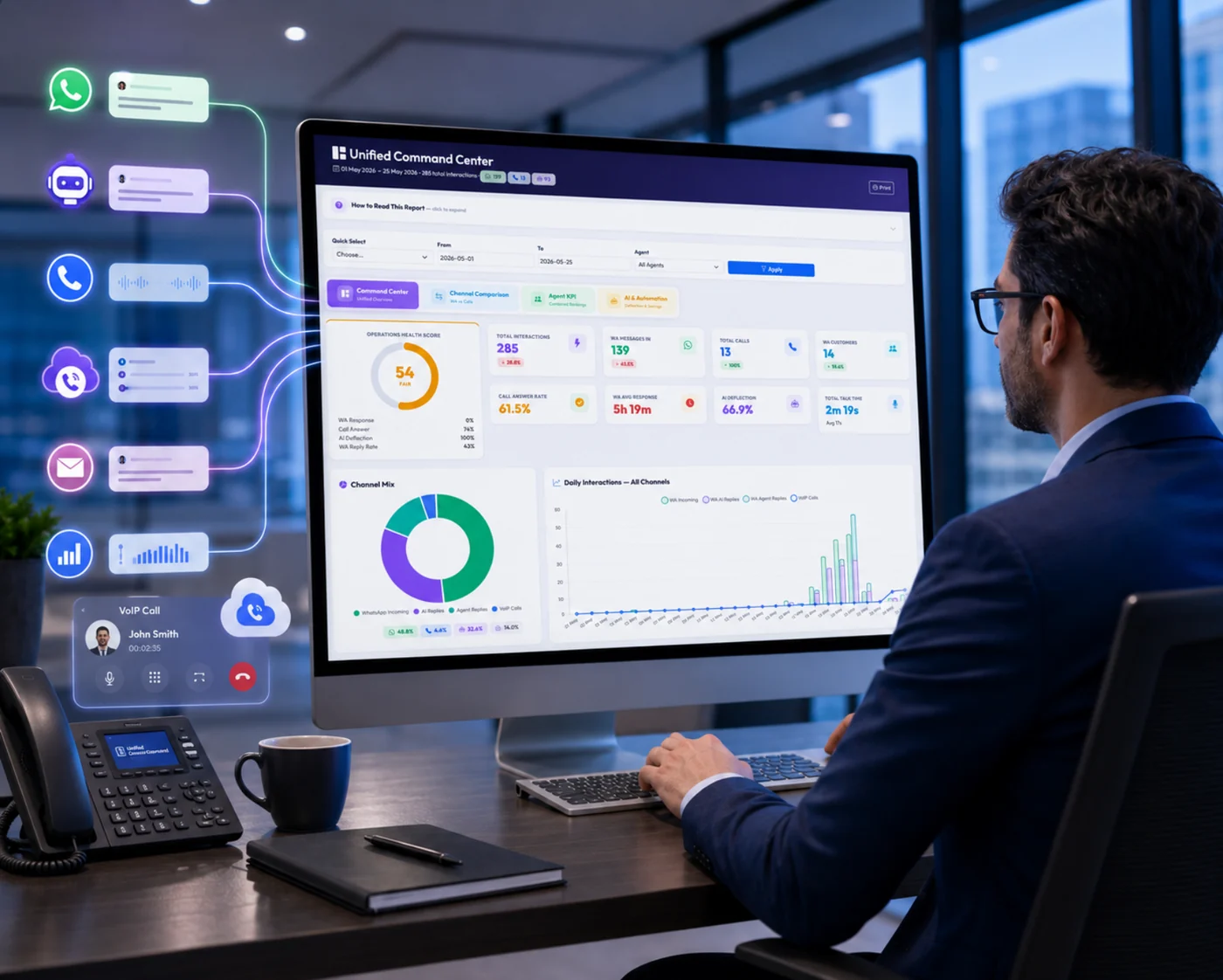 AlienVoIP Omnichannel Analytics Unified Command Center dashboard for WhatsApp AI chatbot and Cloud PBX calls
