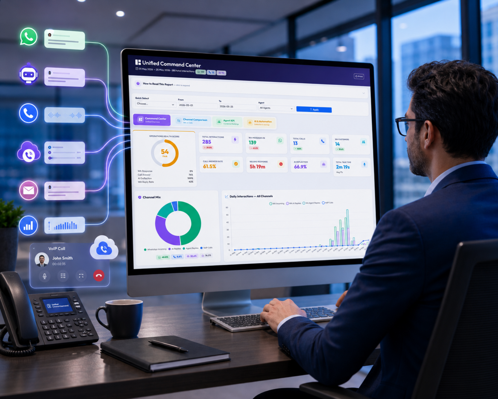 AlienVoIP Omnichannel Analytics Unified Command Center dashboard for WhatsApp AI chatbot and Cloud PBX calls