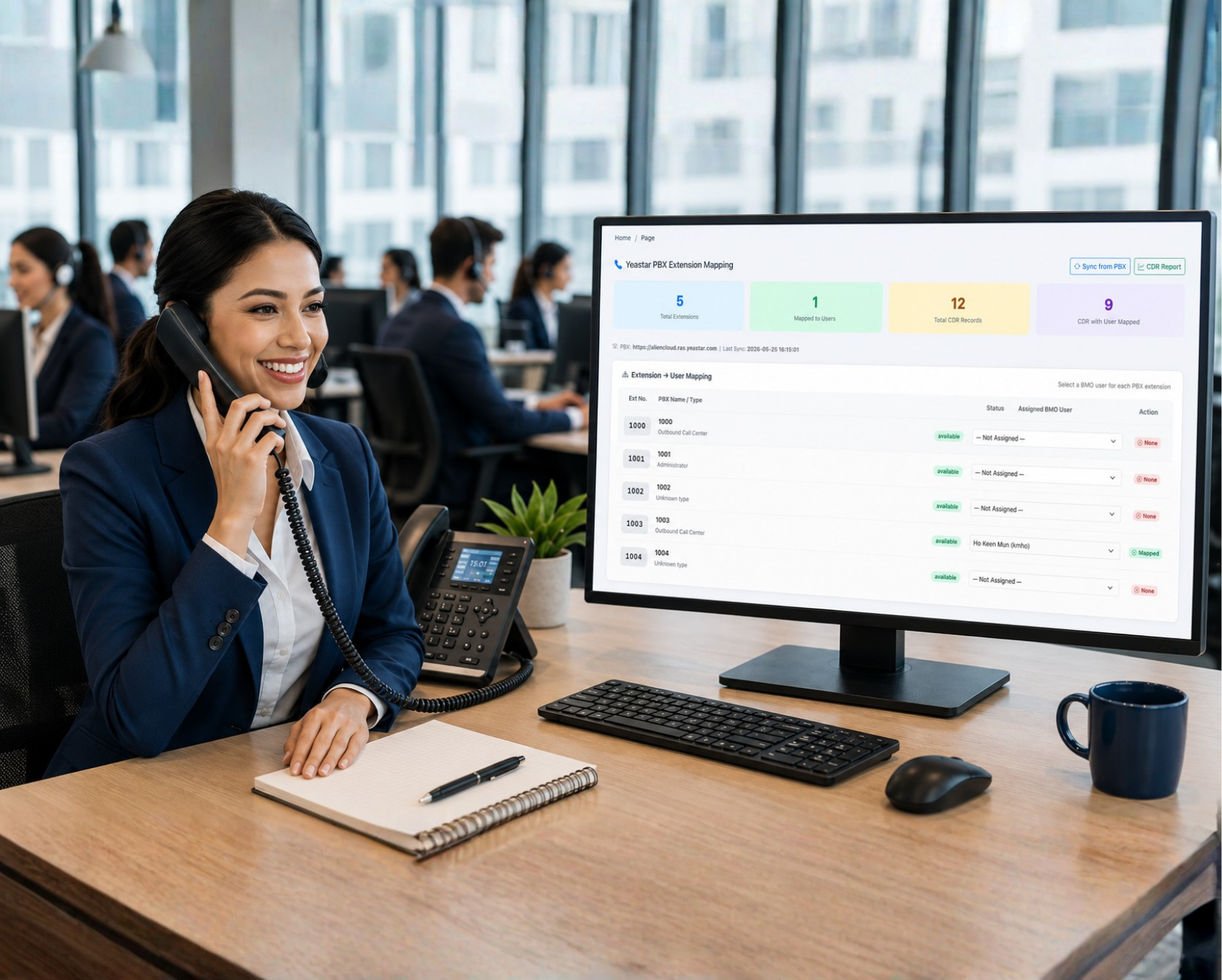 VoIP extension mapping screen for assigning PBX extensions to users
