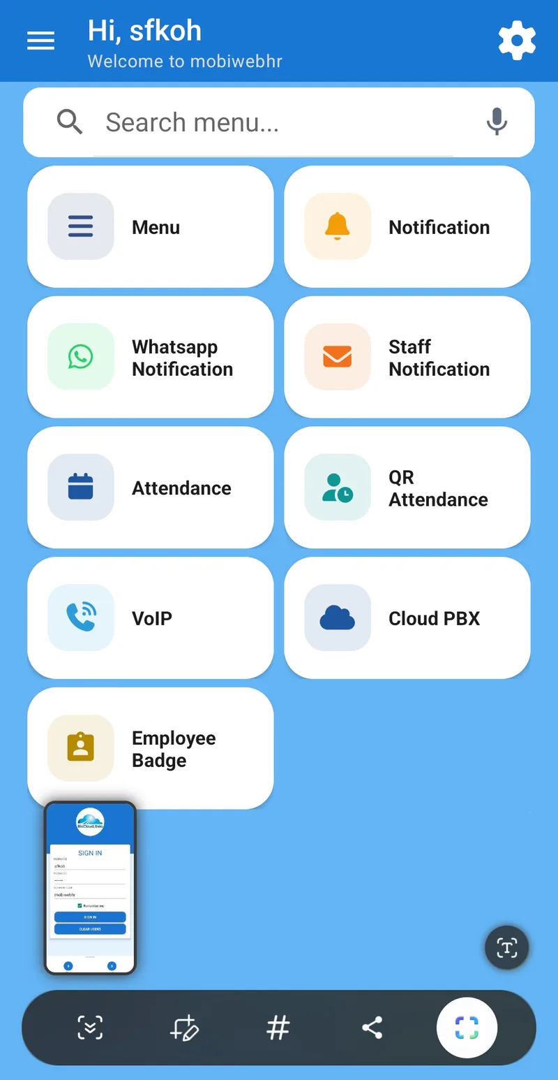 BizCloud App home screen with VoIP and Cloud PBX options