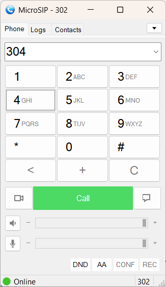 MicroSIP Windows dial pad showing Online