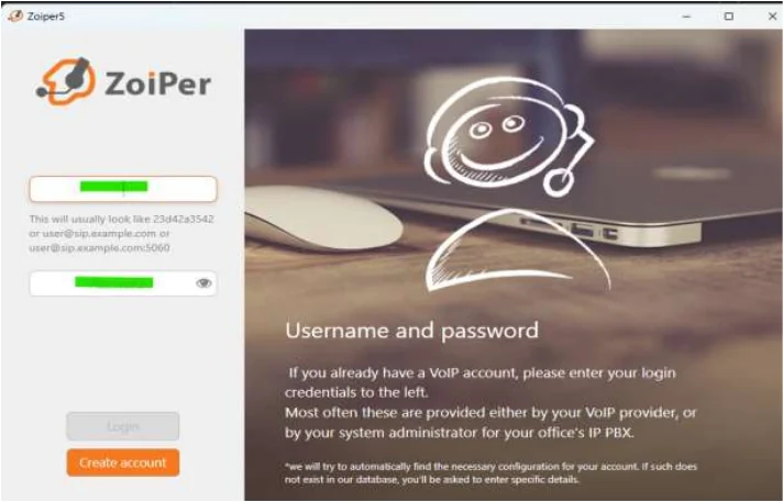 Zoiper 5 username and password entry screen with example fields masked