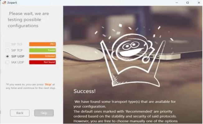 Zoiper 5 transport detection screen