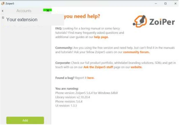Zoiper 5 account list after adding an extension, with account identity masked